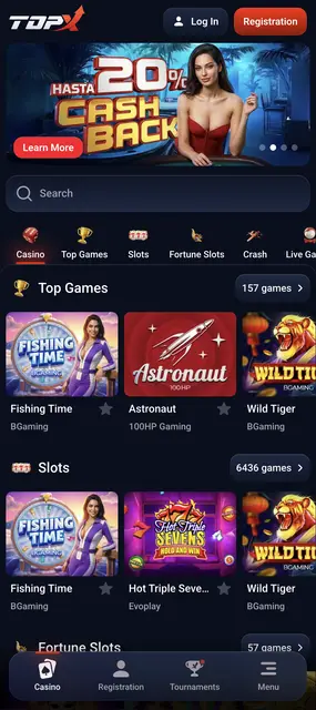 Inicio del casino con la oferta de cashback y los títulos destacados en TopX desde el celular