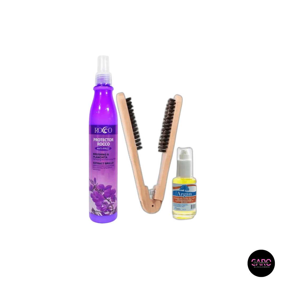 Kit De Termoprotector Mas Aceite De Argan Y Cepillo De Madera Para El Planchado